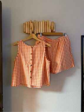 Women’s Orange Gingham Button-Front Tank & Matching Shorts Set